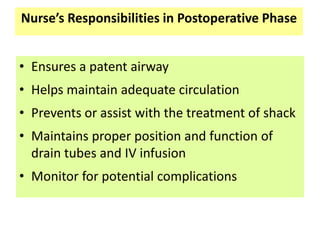 Nurse’s Responsibilities in Postoperative Phase
• Ensures a patent airway
• Helps maintain adequate circulation
• Prevents or assist with the treatment of shack
• Maintains proper position and function of
drain tubes and IV infusion
• Monitor for potential complications
 
