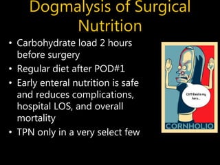 Dogmalysis of Surgical
Nutrition
• Carbohydrate load 2 hours
before surgery
• Regular diet after POD#1
• Early enteral nut...