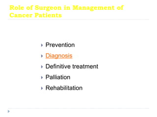 Role of Surgeon in Management of
Cancer Patients
 Prevention
 Diagnosis
 Definitive treatment
 Palliation
 Rehabilitation
 