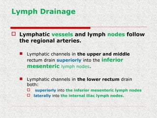 Lymph Drainage
 Lymphatic vessels and lymph nodes follow
the regional arteries.
 Lymphatic channels in the upper and middle
rectum drain superiorly into the inferior
mesenteric lymph nodes.
 Lymphatic channels in the lower rectum drain
both:
 superiorly into the inferior mesenteric lymph nodes
 laterally into the internal iliac lymph nodes.
 