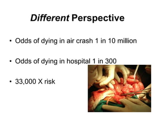 Different Perspective
• Odds of dying in air crash 1 in 10 million
• Odds of dying in hospital 1 in 300
• 33,000 X risk
 