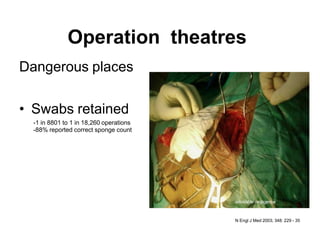 Operation theatres
Dangerous places
• Swabs retained
-1 in 8801 to 1 in 18,260 operations
-88% reported correct sponge count
N Engl J Med 2003; 348: 229 - 35
avoidable negligence
 