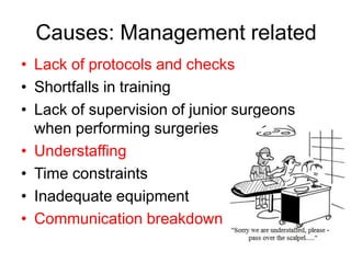 Causes: Management related
• Lack of protocols and checks
• Shortfalls in training
• Lack of supervision of junior surgeons
when performing surgeries
• Understaffing
• Time constraints
• Inadequate equipment
• Communication breakdown
 