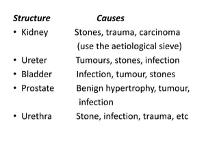Structure Causes
• Kidney Stones, trauma, carcinoma
(use the aetiological sieve)
• Ureter Tumours, stones, infection
• Bladder Infection, tumour, stones
• Prostate Benign hypertrophy, tumour,
infection
• Urethra Stone, infection, trauma, etc
 