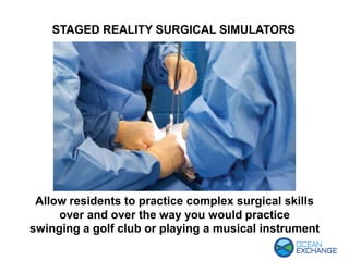 STAGED REALITY SURGICAL SIMULATORS
Allow residents to practice complex surgical skills
over and over the way you would practice
swinging a golf club or playing a musical instrument
 