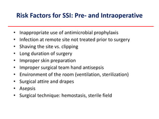 Risk Factors for SSI: Pre- and Intraoperative
• Inappropriate use of antimicrobial prophylaxis
• Infection at remote site not treated prior to surgery
• Shaving the site vs. clipping
• Long duration of surgery
• Improper skin preparation
• Improper surgical team hand antisepsis
• Environment of the room (ventilation, sterilization)
• Surgical attire and drapes
• Asepsis
• Surgical technique: hemostasis, sterile field
 