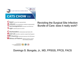 Revisiting the Surgical Site Infection
Bundle of Care: does it really work?
Domingo S. Bongala, Jr., MD, FPSGS, FPCS, FACS
 