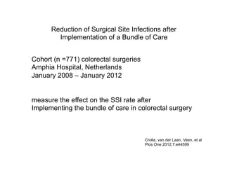 The Preventive SSI Bundle in Colorectal Surgery
Keenan, Speicher, Thacker, et al.
JAMA Surg. 2014;149(10):1045-1052
Cohort...