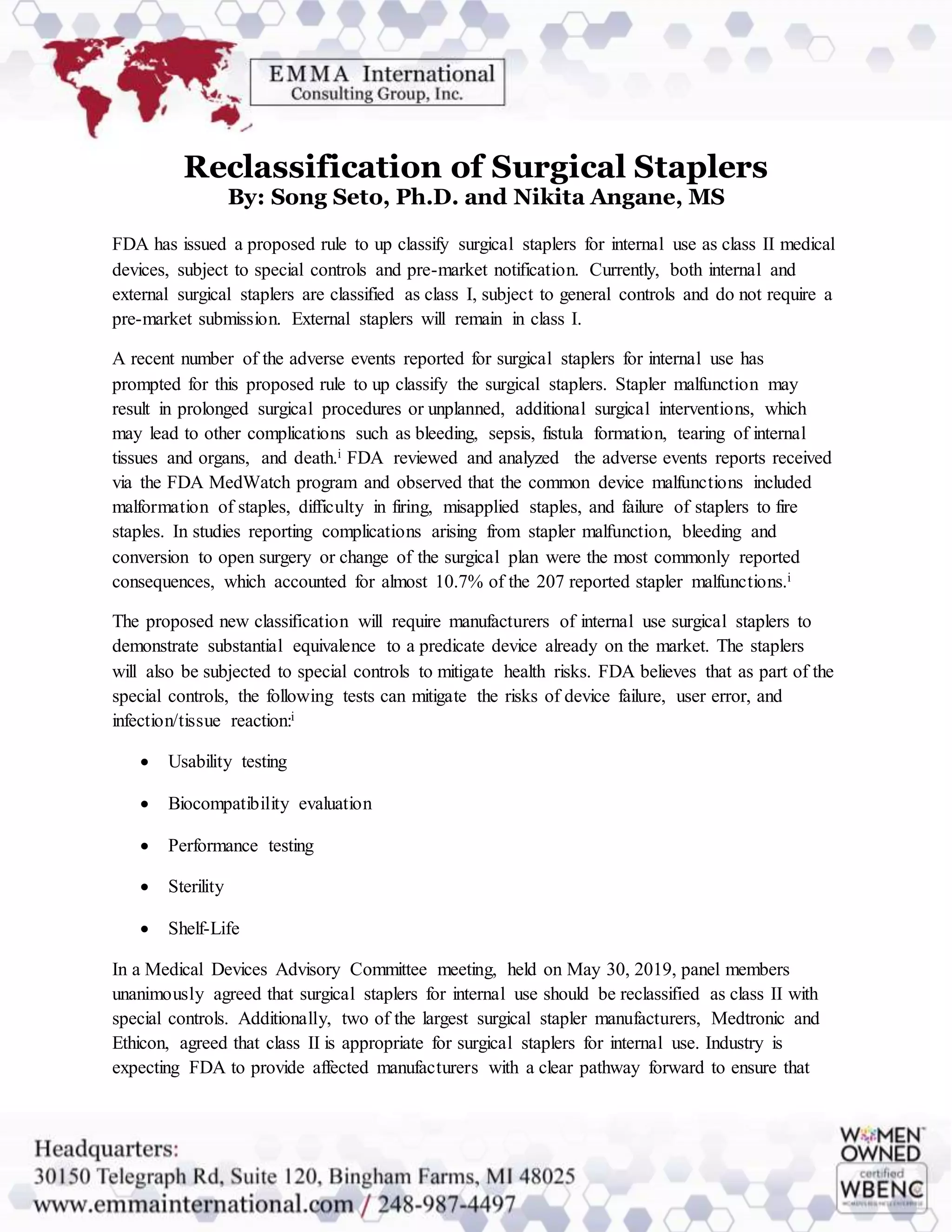 Reclassification of Surgical Staplers PDF