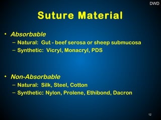 Suture Material
• Absorbable
– Natural: Gut - beef serosa or sheep submucosa
– Synthetic: Vicryl, Monacryl, PDS
• Non-Absorbable
– Natural: Silk, Steel, Cotton
– Synthetic: Nylon, Prolene, Ethibond, Dacron
12
DWD
 
