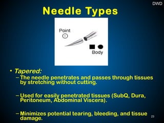Needle Types
• Tapered:
– The needle penetrates and passes through tissues
by stretching without cutting.
– Used for easily penetrated tissues (SubQ, Dura,
Peritoneum, Abdominal Viscera).
– Minimizes potential tearing, bleeding, and tissue
damage. 23
DWD
 