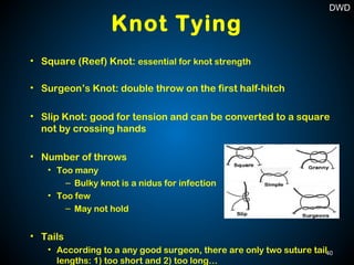 Knot Tying
• Square (Reef) Knot: essential for knot strength
• Surgeon’s Knot: double throw on the first half-hitch
• Slip Knot: good for tension and can be converted to a square
not by crossing hands
• Number of throws
• Too many
– Bulky knot is a nidus for infection
• Too few
– May not hold
• Tails
• According to a any good surgeon, there are only two suture tail
lengths: 1) too short and 2) too long…
40
DWD
 