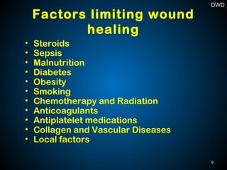Factors limiting wound
healing
• Steroids
• Sepsis
• Malnutrition
• Diabetes
• Obesity
• Smoking
• Chemotherapy and Radiation
• Anticoagulants
• Antiplatelet medications
• Collagen and Vascular Diseases
• Local factors
9
DWD
 