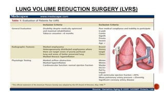  Surgical reduction of lung volume by multiple wedge excisions of emphysematous tissue
 Rationale for LVRS
- Increased elastic recoil of the lung
- Improved expiratory flow
- Improvement in the mechanical function of diaphragm
- Improved LV filling
- Reduced dynamic hyperinflation
 