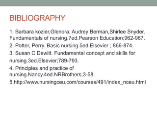 BIBLIOGRAPHY
1. Barbara kozier,Glenora, Audrey Berman,Shirlee Snyder.
Fundamentals of nursing.7ed.Pearson Education;962-967.
2. Potter, Perry. Basic nursing.5ed.Elsevier ; 866-874.
3. Susan C Dewitt. Fundamental concept and skills for
nursing.3ed.Elsevier;789-793.
4. Principles and practice of
nursing.Nancy.4ed.NRBrothers;3-58.
5.http://www.nursingceu.com/courses/491/index_nceu.html
 