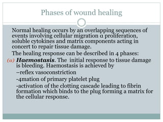 Phases of wound healing
Normal healing occurs by an overlapping sequences of
events involving cellular migration α proliferation,
soluble cytokines and matrix components acting in
concert to repair tissue damage.
The healing response can be described in 4 phases:
(a) Haemostasis. The initial response to tissue damage
is bleeding. Haemostasis is achieved by
–reflex vasoconstriction
-4mation of primary platelet plug
-activation of the clotting cascade leading to fibrin
formation which binds to the plug forming a matrix for
the cellular response.
 