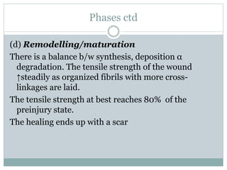 Phases ctd
(d) Remodelling/maturation
There is a balance b/w synthesis, deposition α
degradation. The tensile strength of the wound
↑steadily as organized fibrils with more cross-
linkages are laid.
The tensile strength at best reaches 80% of the
preinjury state.
The healing ends up with a scar
 