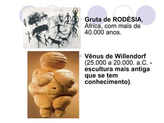 Gruta de RODÉSIA , África, com mais de 40.000 anos.  Vênus de Willendorf  (25.000 a 20.000. a.C. -  escultura mais antiga que se tem conhecimento) .  