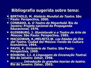 Bibliografia sugerida sobre tema:Bibliografia sugerida sobre tema:
 BERTHOLD, M.BERTHOLD, M. História Mundial do TeatroHistória Mundial do Teatro. São. São
Paulo: Perspectiva, 2000.Paulo: Perspectiva, 2000.
 CONRADO, A.CONRADO, A. O Teatro de MeyerholdO Teatro de Meyerhold. Rio de. Rio de
Janeiro: Projeto nacional de PropagandaJaneiro: Projeto nacional de Propaganda
Educacional, 1976.Educacional, 1976.
 GUINSBURG, J.GUINSBURG, J. Stanislavski e o Teatro de Arte deStanislavski e o Teatro de Arte de
MoscouMoscou. São Paulo: Perspectiva, 1985.. São Paulo: Perspectiva, 1985.
 MACGOWAN, K.;MELNITZ,W.MACGOWAN, K.;MELNITZ,W. Las Edades de OroLas Edades de Oro
del Teatrodel Teatro. Ciudad del Mexico: Fondo de Cultura. Ciudad del Mexico: Fondo de Cultura
Económica, 1964.Económica, 1964.
 PAVIS, P.PAVIS, P. Dicionário de TeatroDicionário de Teatro. São Paulo:. São Paulo:
Perspectiva, 1999.Perspectiva, 1999.
 ROUBINE, J.J.ROUBINE, J.J. A Linguagem da Encenação TeatralA Linguagem da Encenação Teatral..
Rio de Janeiro: Zahar, 1998.Rio de Janeiro: Zahar, 1998.
 ______.______. Introdução às grandes teorias do teatroIntrodução às grandes teorias do teatro..
Rio de Janeiro: Zahar, 2003.Rio de Janeiro: Zahar, 2003.
 