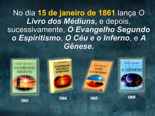 No dia                       lança O
     Livro dos Médiuns, e depois,
sucessivamente, O Evangelho Segundo
 o Espiritismo, O Céu e o Inferno, e A
               Gênese.




                            63
 