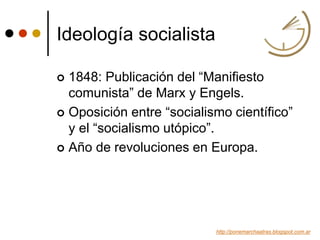Ideología socialista
 1848: Publicación del “Manifiesto
comunista” de Marx y Engels.
 Oposición entre “socialismo cientí...