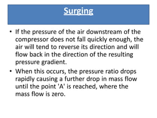 • If the pressure of the air downstream of the
compressor does not fall quickly enough, the
air will tend to reverse its direction and will
flow back in the direction of the resulting
pressure gradient.
• When this occurs, the pressure ratio drops
rapidly causing a further drop in mass flow
until the point 'A' is reached, where the
mass flow is zero.
Surging
 