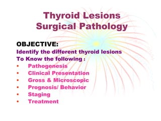 Thyroid Lesions
Surgical Pathology
OBJECTIVE:
Identify the different thyroid lesions
To Know the following :
• Pathogenesis
• Clinical Presentation
• Gross & Microscopic
• Prognosis/ Behavior
• Staging
• Treatment
 