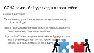 СОНА зохион байгуулахад анхаарах зүйлс
Зохион байгуулалт
Төлөвлөгөөнд тусгагдсан ажлуудыг цаг хугацааны дагуу
гүйцэтгэх үйлдэл
Зохион байгуулалтыг хийхдээ номын санч ганцаараа болон
бусад хүмүүсийн дэмжлэгийг авч болно.
Энд тухайн СОНА-д шаардлагатай зүйлсээ бүрдүүлэх, тайз
засах, уншигчиддаа сурталчлах, тухайн өдрийн арга
хэмжээг хариуцах, хөтлөх г.м. ажил багтана.
 