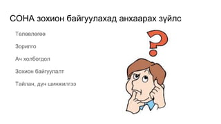 СОНА зохион байгуулахад анхаарах зүйлс
Төлөвлөгөө
Зорилго
Ач холбогдол
Зохион байгуулалт
Тайлан, дүн шинжилгээ
 