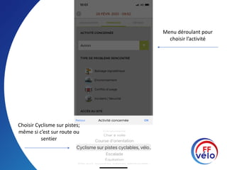 Menu déroulant pour
choisir l’activité
Choisir Cyclisme sur pistes;
même si c’est sur route ou
sentier
 