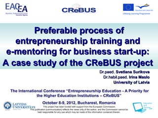 Preferable process of
   entrepreneurship training and
 e-mentoring for business start-up:
A case study of the CReBUS project
                                                                                  Dr.paed. Svetlana Surikova
                                                                                    Dr.habil.paed. Irina Maslo
                                                                                         University of Latvia

 The International Conference “Entrepreneurship Education - A Priority for
               the Higher Education Institutions – CReBUS”
                       October 8-9, 2012, Bucharest, Romania
                         This project has been funded with support from the European Commission.
           This publication [communication] reflects the views only of the author, and the Commission cannot be
                  held responsible for any use which may be made of the information contained therein.
 