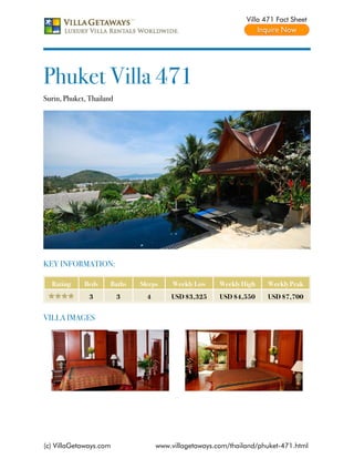 Villa 471 Fact Sheet




Phuket Villa 471
Surin, Phuket, Thailand




KEY INFORMATION:

  Rating     Beds     Baths   Sleeps     Weekly Low    Weekly High    Weekly Peak
               3          3     4       USD $3,325     USD $4,550     USD $7,700


VILLA IMAGES




(c) VillaGetaways.com               www.villagetaways.com/thailand/phuket-471.html
 