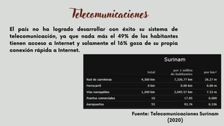 Telecomunicaciones
El país no ha logrado desarrollar con éxito su sistema de
telecomunicación, ya que nada más el 49% de los habitantes
tienen acceso a Internet y solamente el 16% goza de su propia
conexión rápida a Internet.
Fuente: Telecomunicaciones Surinam
(2020)
 