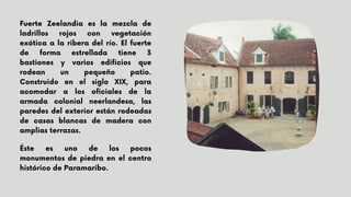 Fuerte Zeelandia es la mezcla de
ladrillos rojos con vegetación
exótica a la ribera del río. El fuerte
de forma estrellada tiene 3
bastiones y varios edificios que
rodean un pequeño patio.
Construido en el siglo XIX, para
acomodar a los oficiales de la
armada colonial neerlandesa, las
paredes del exterior están rodeadas
de casas blancas de madera con
amplias terrazas.
Éste es uno de los pocos
monumentos de piedra en el centro
histórico de Paramaribo.
 