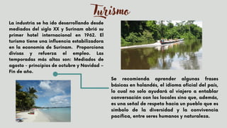 Turismo
La industria se ha ido desarrollando desde
mediados del siglo XX y Surinam abrió su
primer hotel internacional en 1962. El
turismo tiene una influencia estabilizadora
en la economía de Surinam. Proporciona
divisas y refuerza el empleo. Las
temporadas más altas son: Mediados de
agosto - principios de octubre y Navidad –
Fin de año.

 Se recomienda aprender algunas frases
básicas en holandés, el idioma oficial del país,
lo cual no solo ayudará al viajero a entablar
conversación con los locales sino que, además,
es una señal de respeto hacia un pueblo que es
símbolo de la diversidad y la convivencia
pacífica, entre seres humanos y naturaleza.
 