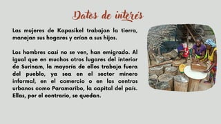 Las mujeres de Kapasikel trabajan la tierra,
manejan sus hogares y crían a sus hijos.
Los hombres casi no se ven, han emigrado. Al
igual que en muchos otros lugares del interior
de Surinam, la mayoría de ellos trabaja fuera
del pueblo, ya sea en el sector minero
informal, en el comercio o en los centros
urbanos como Paramaribo, la capital del país.
Ellas, por el contrario, se quedan.
Datos de interés
 