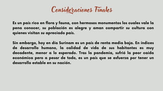 Es un país rico en flora y fauna, con hermosos monumentos los cuales vale la
pena conocer, su población es alegre y aman compartir su cultura con
quienes visitan su apreciado país.
Sin embargo, hoy en día Surinam es un país de renta media baja. En índices
de desarrollo humano, la calidad de vida de sus habitantes es muy
decadente, menor a lo esperado. Tras la pandemia, sufrió la peor caída
económica pero a pesar de todo, es un país que se esfuerza por tener un
desarrollo estable en su nación.


Consideraciones Finales
 