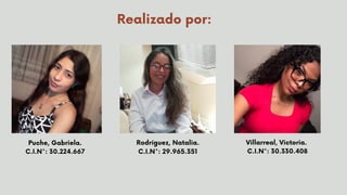 Realizado por:
Rodríguez, Natalia.
C.I.N°: 29.965.351
Puche, Gabriela.
C.I.N°: 30.224.667
Villarreal, Victoria.
C.I.N°: 30.330.408
 