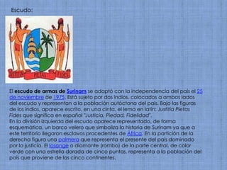 Escudo:El escudo de armas de Surinam se adoptó con la independencia del país el 25 de noviembre de 1975. Está sujeto por dos indios, colocados a ambos lados del escudo y representan a la población autóctona del país. Bajo las figuras de los indios, aparece escrito, en una cinta, el lema en latín: Justitia Pietas Fides que significa en español "Justicia, Piedad, Fidelidad".En la división izquierda del escudo aparece representado, de forma esquemática, un barco velero que simboliza la historia de Surinam ya que a este territorio llegaron esclavos procedentes de África. En la partición de la derecha figura una palmera que representa el presente del país dominado por la justicia. El losange o diamante (rombo) de la parte central, de color verde con una estrella dorada de cinco puntas, representa a la población del país que proviene de los cinco continentes.