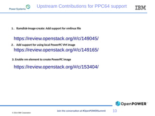 © 2014 IBM Corporation
10
Upstream Contributions for PPC64 support
https://review.openstack.org/#/c/149045/
https://review.openstack.org/#/c/149165/
https://review.openstack.org/#/c/153404/
3. Enable vm element to create PowerPC image
2. Add support for using local PowerPC VM image
1. Ramdisk-image-create: Add support for vmlinux file
Join the conversation at #OpenPOWERSummit
 