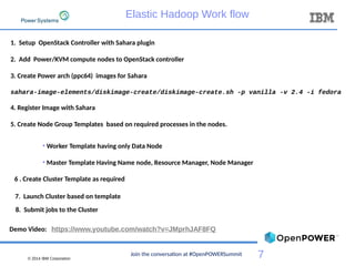 © 2014 IBM Corporation
7
Elastic Hadoop Work flow
1. Setup OpenStack Controller with Sahara plugin
2. Add Power/KVM compute nodes to OpenStack controller
3. Create Power arch (ppc64) images for Sahara
sahara-image-elements/diskimage-create/diskimage-create.sh -p vanilla -v 2.4 -i fedora
4. Register Image with Sahara
5. Create Node Group Templates based on required processes in the nodes.
●
Worker Template having only Data Node
●
Master Template Having Name node, Resource Manager, Node Manager
6 . Create Cluster Template as required
7. Launch Cluster based on template
8. Submit jobs to the Cluster
Demo Video: https://www.youtube.com/watch?v=JMprhJAF8FQ
Join the conversation at #OpenPOWERSummit
 