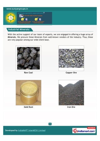 Industrial Minerals:

With the active support of our team of experts, we are engaged in offering a huge array of
Minerals. We procure these Minerals from well-known vendors of the industry. Thus, these
are very popular among our wide client base.




                 Raw Coal                                    Copper Ore




                 Gold Dust                                    Iron Ore
 