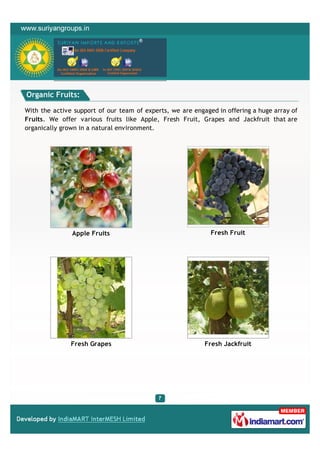 Organic Fruits:

With the active support of our team of experts, we are engaged in offering a huge array of
Fruits. We offer various fruits like Apple, Fresh Fruit, Grapes and Jackfruit that are
organically grown in a natural environment.




               Apple Fruits                                  Fresh Fruit




               Fresh Grapes                                Fresh Jackfruit
 