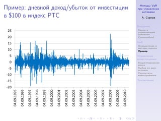 Методы VaR
Пример: дневной доход/убыток от инвестиции                                                                                                                                                                            при управлении
                                                                                                                                                                                                                         активами
в $100 в индекс РТС                                                                                                                                                                                                     А. Сурков


                                                                                                                                                                                                                      Введение
                                                                                                                                                                                                                      Банки и
 25                                                                                                                                                                                                                   управляющие
                                                                                                                                                                                                                      компании
 20                                                                                                                                                                                                                   Commonfund

 15                                                                                                                                                                                                                   VaR
                                                                                                                                                                                                                      Определение и
                                                                                                                                                                                                                      методы оценки
 10                                                                                                                                                                                                                   Пример

  5                                                                                                                                                                                                                   Управление
                                                                                                                                                                                                                      инвестициями
  0                                                                                                                                                                                                                   Бюджетирование
                                                                                                                                                                                                                      риска
 -5                                                                                                                                                                                                                   Выбор из двух
                                                                                                                                                                                                                      активов
                                                                                                                                                                                                                      Результаты
-10                                                                                                                                                                                                                   инвестрования

-15                                                                                                                                                                                                                   Заключение

-20
      04.09.1995
                   04.09.1996
                                04.09.1997
                                             04.09.1998
                                                          04.09.1999
                                                                       04.09.2000
                                                                                    04.09.2001
                                                                                                 04.09.2002
                                                                                                              04.09.2003
                                                                                                                           04.09.2004
                                                                                                                                        04.09.2005
                                                                                                                                                     04.09.2006
                                                                                                                                                                  04.09.2007
                                                                                                                                                                               04.09.2008
                                                                                                                                                                                            04.09.2009
                                                                                                                                                                                                         04.09.2010
 