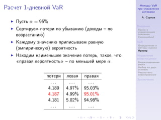 Методы VaR
Расчет 1-дневной VaR                                 при управлении
                                                        активами

                                                       А. Сурков
    Пусть α = 95%
                                                     Введение
    Сортируем потери по убыванию (доходы – по        Банки и
                                                     управляющие
    возрастанию)                                     компании
                                                     Commonfund

    Каждому значению приписываем равную              VaR
                                                     Определение и
    (эмпирическую) вероятность                       методы оценки
                                                     Пример

    Находим наименьшее значение потерь, такое, что   Управление
                                                     инвестициями
     правая вероятность – по меньшей мере α          Бюджетирование
                                                     риска
                                                     Выбор из двух
                                                     активов
                                                     Результаты
                                                     инвестрования
                 потери   левая   правая
                                                     Заключение
                   ...     ...      ...
                  4.189   4.97%   95.03%
                  4.187   4.99%   95.01%
                  4.181   5.02%   94.98%
                   ...     ...      ...
 