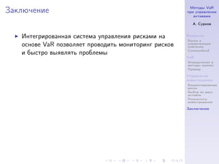 Методы VaR
Заключение                                            при управлении
                                                         активами

                                                        А. Сурков


   Интегрированная система управления рисками на      Введение
                                                      Банки и
   основе VaR позволяет проводить мониторинг рисков   управляющие
                                                      компании
                                                      Commonfund
   и быстро выявлять проблемы
                                                      VaR
                                                      Определение и
                                                      методы оценки
                                                      Пример

                                                      Управление
                                                      инвестициями
                                                      Бюджетирование
                                                      риска
                                                      Выбор из двух
                                                      активов
                                                      Результаты
                                                      инвестрования

                                                      Заключение
 