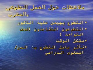 ملاحظات حول العمل التطوعي بالمغرب  التطوع يهيمن عليه الذكور  المتطوعون المتقاعدون  ( ضعف التواجد  ) مشكل الوقت  تأثر عامل التطوع ب :  السن /  المستوى الدراسي  