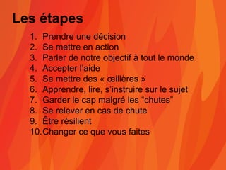 Les étapes
1. Prendre une décision
2. Se mettre en action
3. Parler de notre objectif à tout le monde
4. Accepter l’aide
5. Se mettre des « œillères »
6. Apprendre, lire, s’instruire sur le sujet
7. Garder le cap malgré les “chutes”
8. Se relever en cas de chute
9. Être résilient
10.Changer ce que vous faites
 