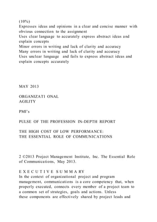 (10%)
Expresses ideas and opinions in a clear and concise manner with
obvious connection to the assignment
Uses clear language to accurately express abstract ideas and
explain concepts
Minor errors in writing and lack of clarity and accuracy
Many errors in writing and lack of clarity and accuracy
Uses unclear language and fails to express abstract ideas and
explain concepts accurately
MAY 2013
ORGANIZATI ONAL
AGILITY
PMI’s
PULSE OF THE PROFESSION IN-DEPTH REPORT
THE HIGH COST OF LOW PERFORMANCE:
THE ESSENTIAL ROLE OF COMMUNICATIONS
2 ©2013 Project Management Institute, Inc. The Essential Role
of Communications, May 2013.
E X E C U T I V E S U M M A RY
In the context of organizational project and program
management, communications is a core competency that, when
properly executed, connects every member of a project team to
a common set of strategies, goals and actions. Unless
these components are effectively shared by project leads and
 