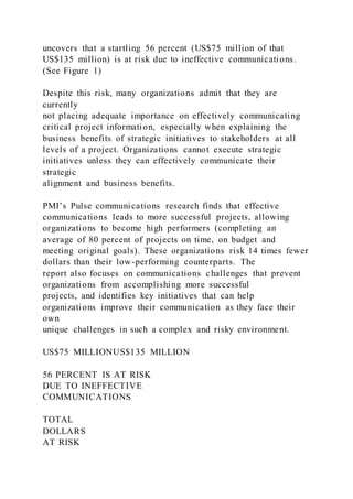 uncovers that a startling 56 percent (US$75 million of that
US$135 million) is at risk due to ineffective communications.
(See Figure 1)
Despite this risk, many organizations admit that they are
currently
not placing adequate importance on effectively communicating
critical project information, especially when explaining the
business benefits of strategic initiatives to stakeholders at all
levels of a project. Organizations cannot execute strategic
initiatives unless they can effectively communicate their
strategic
alignment and business benefits.
PMI’s Pulse communications research finds that effective
communications leads to more successful projects, allowing
organizations to become high performers (completing an
average of 80 percent of projects on time, on budget and
meeting original goals). These organizations risk 14 times fewer
dollars than their low-performing counterparts. The
report also focuses on communications challenges that prevent
organizations from accomplishing more successful
projects, and identifies key initiatives that can help
organizations improve their communication as they face their
own
unique challenges in such a complex and risky environment.
US$75 MILLIONUS$135 MILLION
56 PERCENT IS AT RISK
DUE TO INEFFECTIVE
COMMUNICATIONS
TOTAL
DOLLARS
AT RISK
 